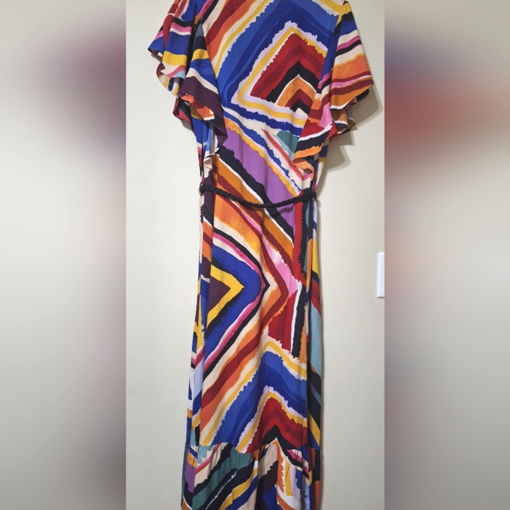Pink Pineapple Abstract Rayon Flutter Sleeve Maxi Dress with Pockets Small Boho - Picture 8 of 9
